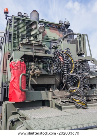 ALMERE, NETHERLANDS - 12 APRIL 2014: Front of a large military truck on display during the first National Security Day held in the city of Almere