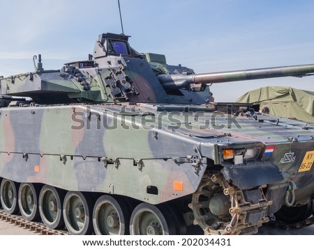 ALMERE, NETHERLANDS - 12 APRIL 2014: Dutch military armored fighting vehicle on display during the first National Security Day held in the city of Almere