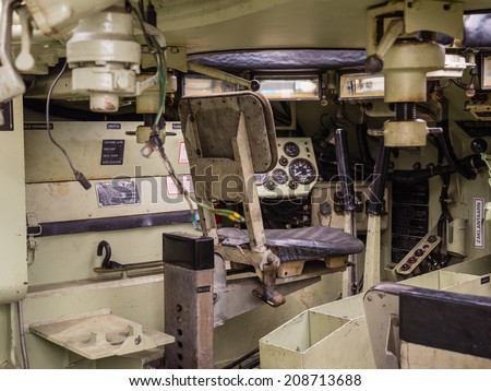 ALMERE, NETHERLANDS - 23 APRIL 2014: Inside a Dutch military armored fighting vehicle on display during the National Army Day in Almere