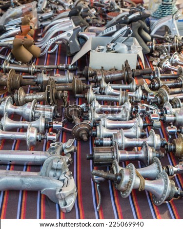 GAIOLE IN CHIANTI, ITALY - 4 OCT. 2014: Vintage bike parts on display at L'Eroica, a historic cycling event for owners of vintage bicycles who ride through the province of Tuscany on gravel roads.