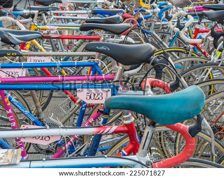 GAIOLE IN CHIANTI, ITALY - 4 OCT. 2014: Vintage bicycles nicely parked before the start of L\'Eroica, a historic cycling event for owners of vintage bicycles who ride through the province of Tuscany