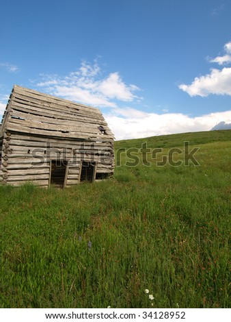 Abandoned cabin in green field with blue sky and clouds.
