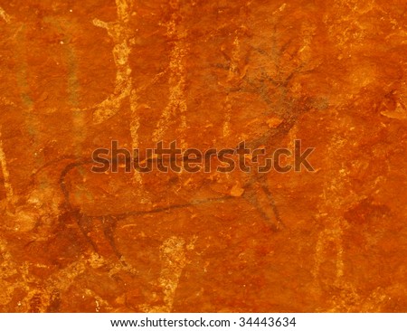 Close up of pictograph painted on cave wall by prehistoric Native American(s), possibly thousands of years old. Remote cave inside Grand Canyon National Park, Arizona, USA.