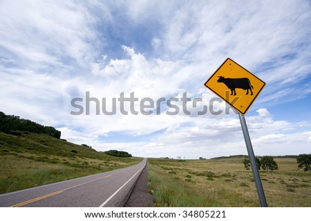 Wide angle view of open road and cattle crossing sign.
