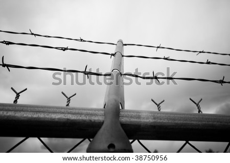 Close up of barbed wire and fence.