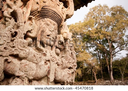 View of Stela B portraying \'King 18 Rabbit\' at the ancient Mayan ruins of Copan. Honduras, Central America.