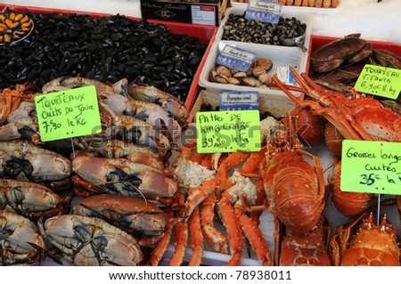 France, stall of seafood at the fish merchant in Normandy
