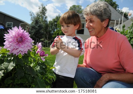 A champion dahlia grower shows off one of her flowers, a Penn\'s gift dahlia, to her cute little grandson