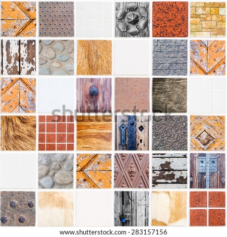 very special white ceramic tile with 36 squares in square form made of different themes, colors and materials