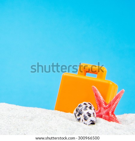 closeup of seashells and orange suitcase on turquoise background in square form