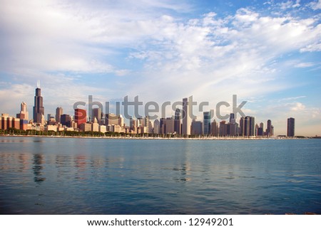 Another morning photo of city with Shedd Aquarium on the left side from south side of Lake Shore Drive, Chicago.