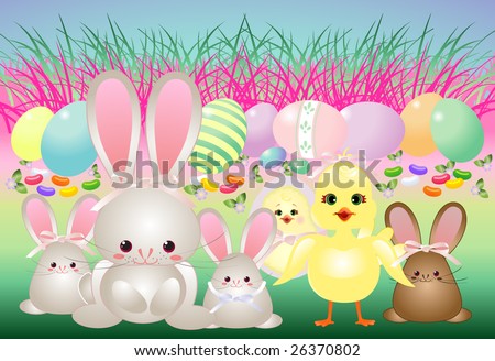 easter bunnies and chicks and eggs. stock vector : Easter bunnies, chicks, eggs and candy in a pastel Springtime landscape