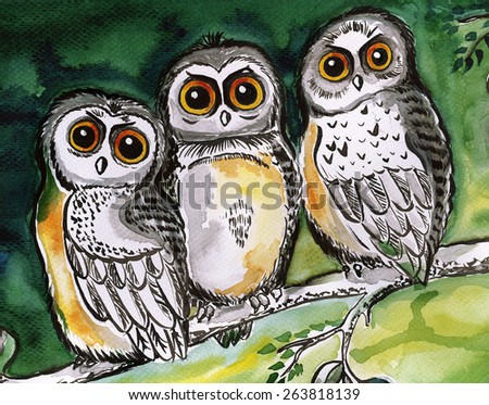 three owls sitting on a branch and looking round eyes