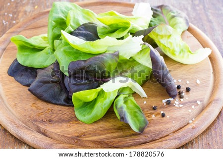 Green and red fresh lettuce leafs on a wooden surface close up