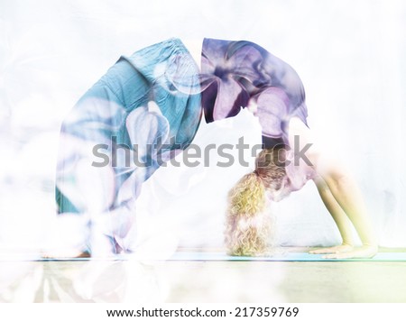 Double exposure portrait of young woman performing back bend combined with photograph of nature