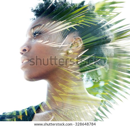 Double exposure portrait of attractive woman combined with photograph of palm tree