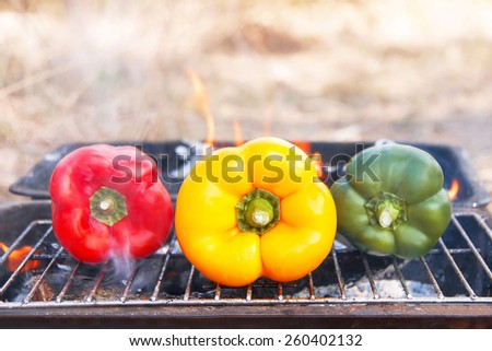 Barbecue vegetables on the grill. Healthy food (meal) on flaming hot. View  of grilling  three peppers (paprika, capsicum) on fire in the summer BBQ or picnic. Lunchtime, cookout. Copy space. Outdoor.