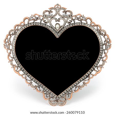 Gold metal photo frame inlaid with white diamonds and pearl in form of heart with place isolated for your photo.