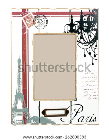 Shabby white wooden photo frame with red stripes, Eiffel Tower, postage stamp and black word Paris. In middle it\'s heart and place for your photo