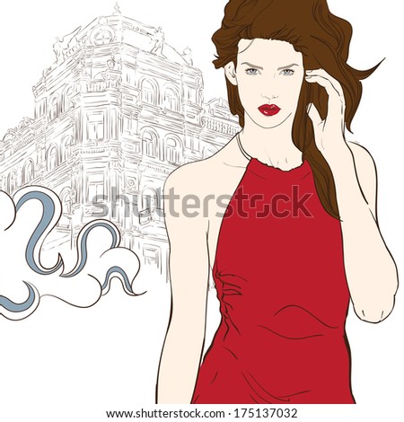 Stylish girl in red dress on the street hand painted illustration