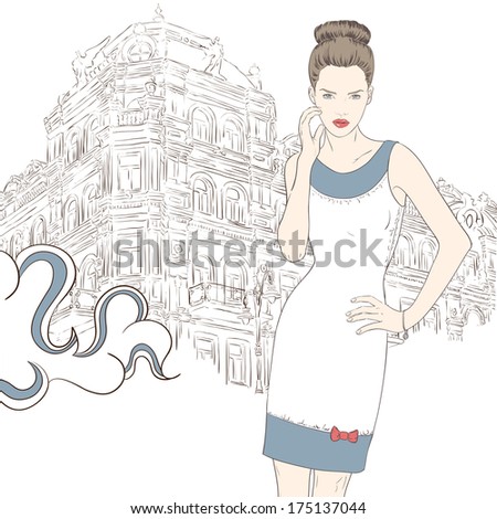 Stylish girl in dress on the street hand painted illustration