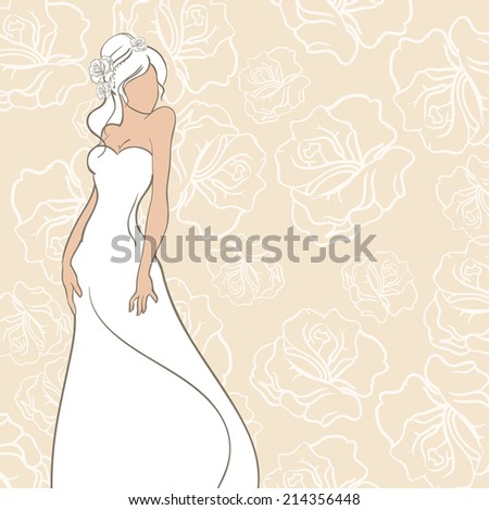 Wedding card with beautiful bride on rose background