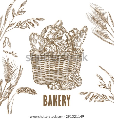 Bakery Basket Template. Hand drawn bread, oats and wheat illustration in sketch style