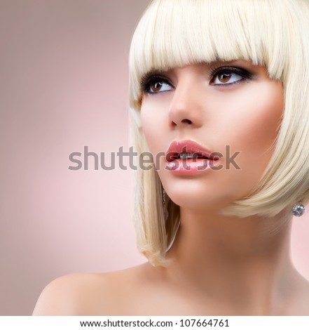 Fashion Blonde Woman Portrait. Blond Hair. Hairstyle. Haircut. Makeup