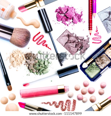 Makeup. Make-up Set.Collage.Mascara,lipgloss,lipstick,rouge,eyeshadows,eyeliner,foundation isolated on a white background
