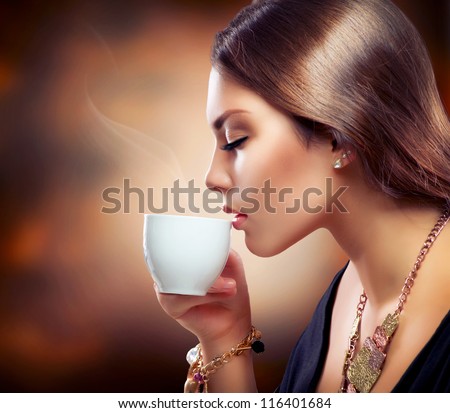 Coffee Beautiful Girl Drinking Tea or Coffee Cup of Hot Beverage Coffee Beautiful Girl Drinking Tea or Coffee Cup of Hot Beverage