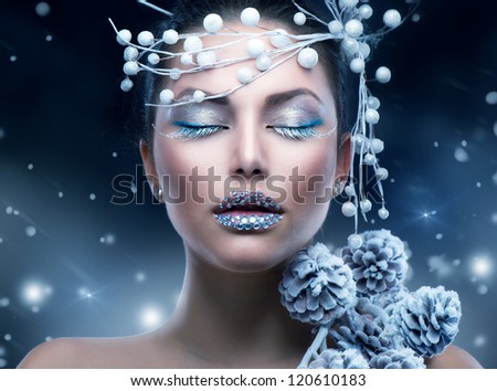 Winter Beauty Woman. Christmas Girl Makeup.Make-Up. Snow Queen