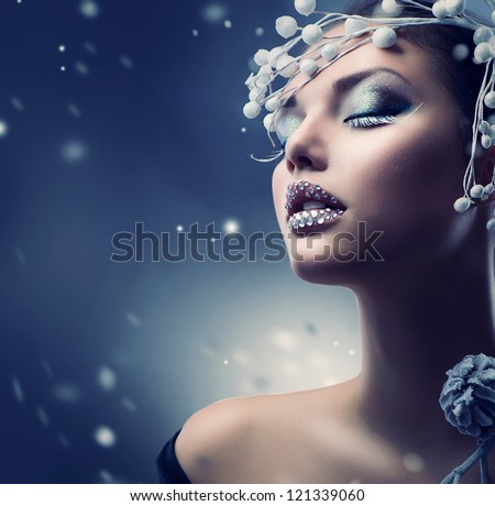Winter Beauty Woman. Christmas Girl Makeup.Make-up