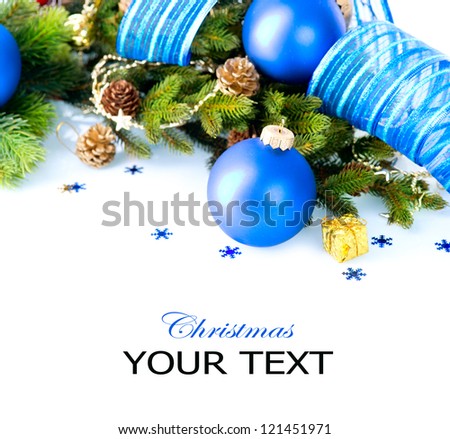 Christmas. Christmas and New Year Blue Bauble And Decorations border art Design. Isolated on White Background