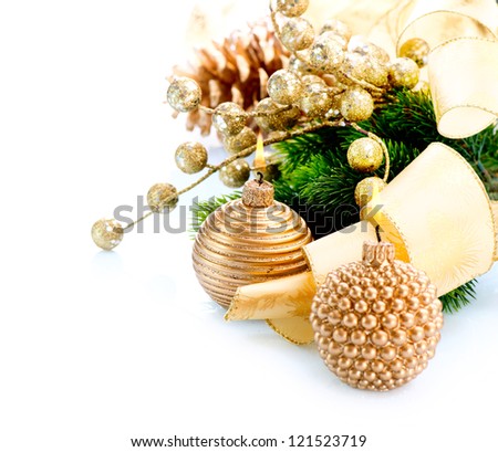 Christmas. Christmas and New Year Decoration with Candle isolated on White Background. Design Composition. Golden Color Holiday Border Art