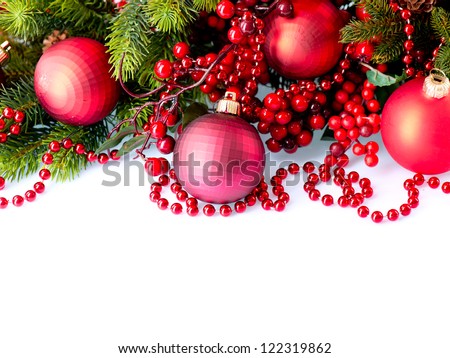 Christmas. Christmas and New Year Baubles and Decorations isolated on White Background.Holiday Border Design Composition. Red Color