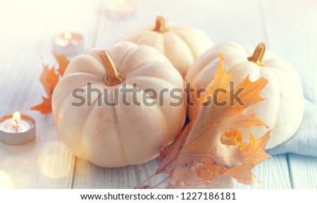 Thanksgiving dinner, Holiday served table, decorated with pumpkins, autumn leaves and candles. Thanksgiving background.