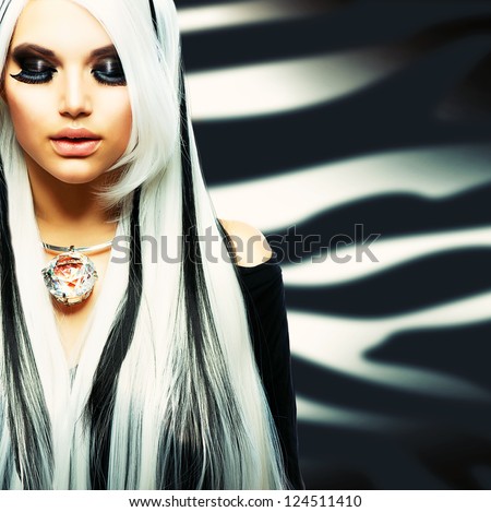 Beauty Fashion Girl Black And White Style. Long White Hair With Black Stripes.