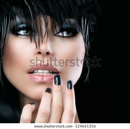 Fashion Art Portrait Of Beautiful Girl. Vogue Style Woman. Hairstyle. Black Hair And Nails. Isolated On Black Background. Beauty Stylish Model Portrait