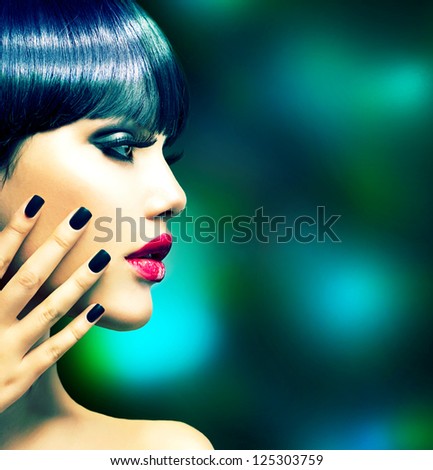 Fashion Woman Profile Portrait. Vogue Style Model. Stylish Makeup And Manicure. Beauty Girl