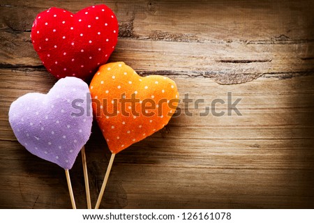 Valentines Vintage Handmade Hearts Over Wooden Background. Valentine Over Wood. Retro Styled Wallpaper. Valentines Day