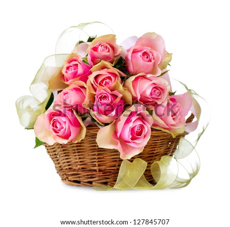 Roses in the Basket. Rose Flowers Bouquet isolate on a White Background. Flower Bunch