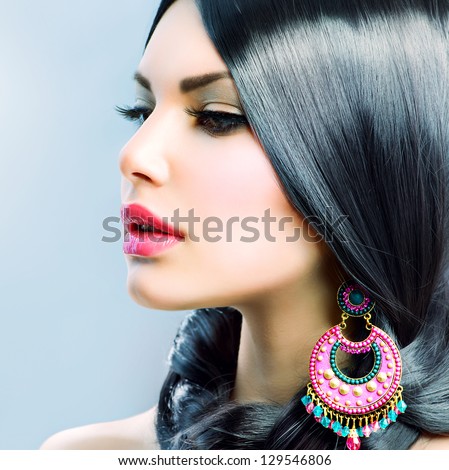 Beauty Woman With Long Black Hair. Hairstyle. Beautiful Model Girl Portrait. Earrings. Accessory