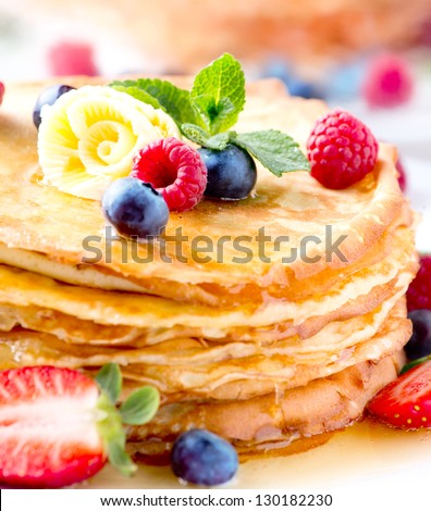 Pancake. Crepes With Berries. Pancakes stack with Strawberry, Raspberry, Blueberry and Syrup