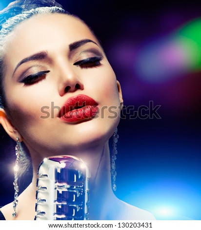 Singing Woman With Retro Microphone. Beauty Glamour Singer Girl. Vintage Style. Song. Karaoke