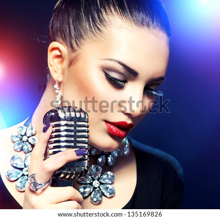 Singing Woman With Retro Microphone. Beauty Glamour Singer Girl. Vintage Style. Song. Karaoke