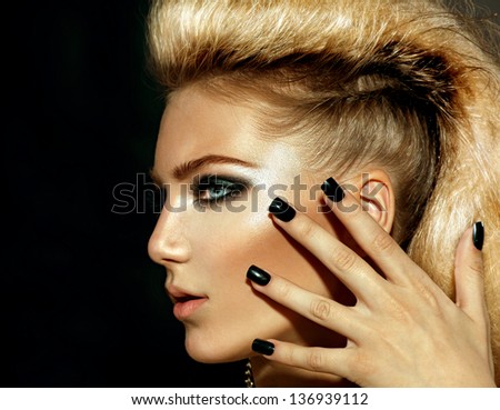 Fashion Rocker Style Model Girl Portrait. Hairstyle. Rocker Or Punk Woman Makeup, Hairdo And Black Nails. Smoky Eyes