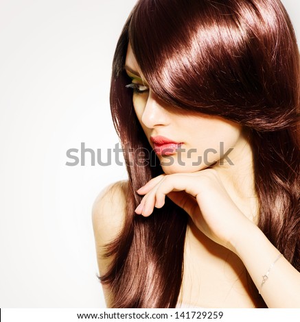 Hair. Beautiful Brunette Girl With Healthy Long Brown Hair. Beauty Model Woman Portrait Isolated On White Background. Hairstyle. Stylish Haircut. Fringe. Glossy Smooth Fashion Hair. Extensions