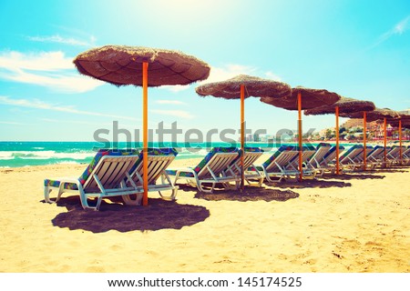 Vacation Concept. Spain. Beach on Costa del Sol. Mediterranean Sea