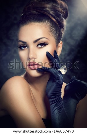 Beauty Fashion Girl Portrait. Vintage Style Girl Wearing Gloves. Jewellery. Hairstyle And Make-Up. Diamond Ring. Retro Woman Portrait