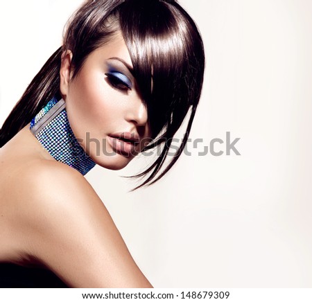 Fashion Beauty Girl. Gorgeous Woman Portrait. Stylish Haircut And Makeup. Hairstyle. Make Up. Vogue Style. Sexy Glamour Girl